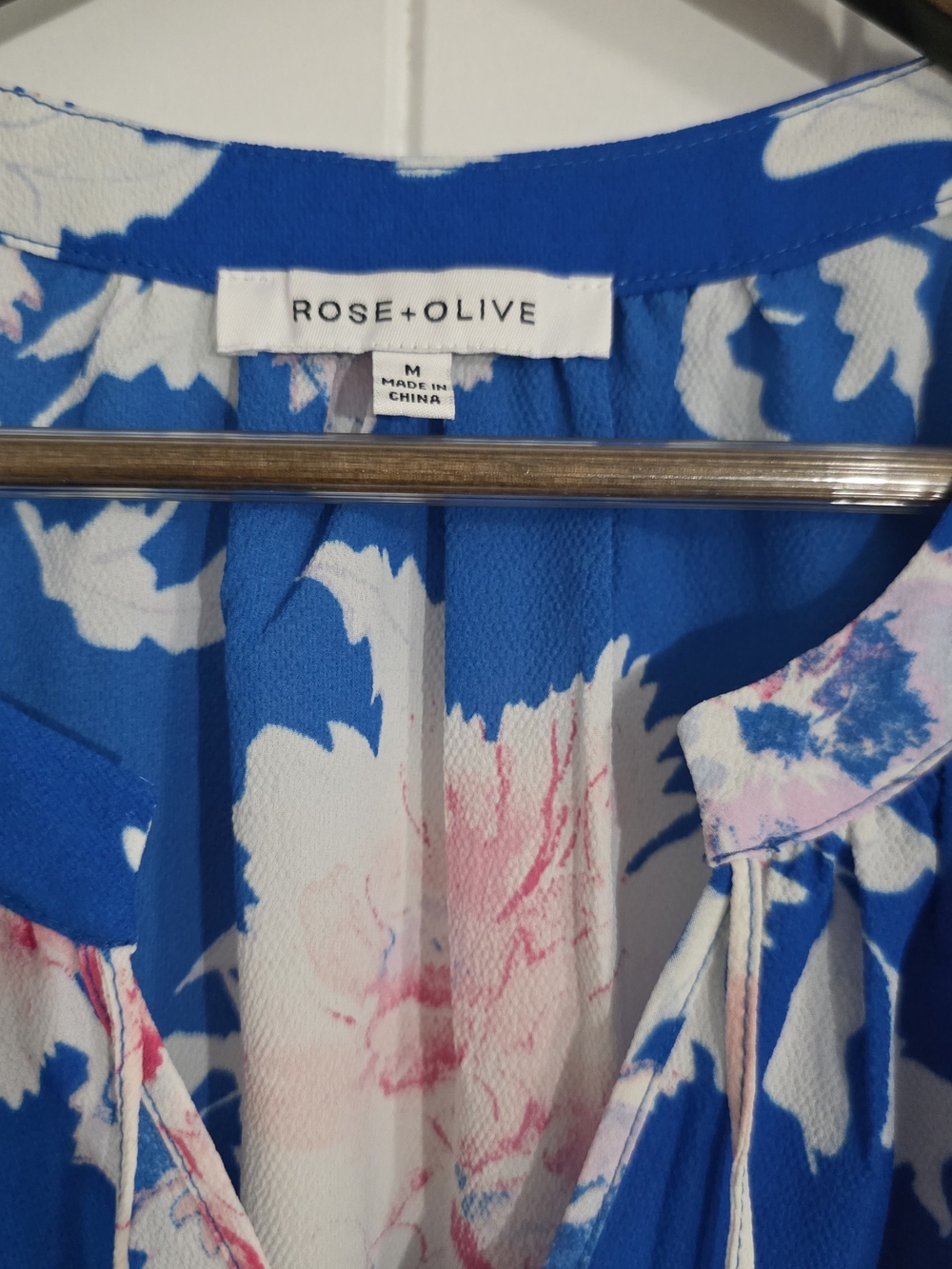 Rose + Olive Medium Blue Pink Floral Sleeveless Tassel Tie Blouse Boho Top - Picture 3 of 11